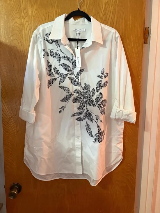 Chico's No Iron Pocketed, White and Black Leaf Print tunic Shirt 3(XL) - Picture 2 of 9